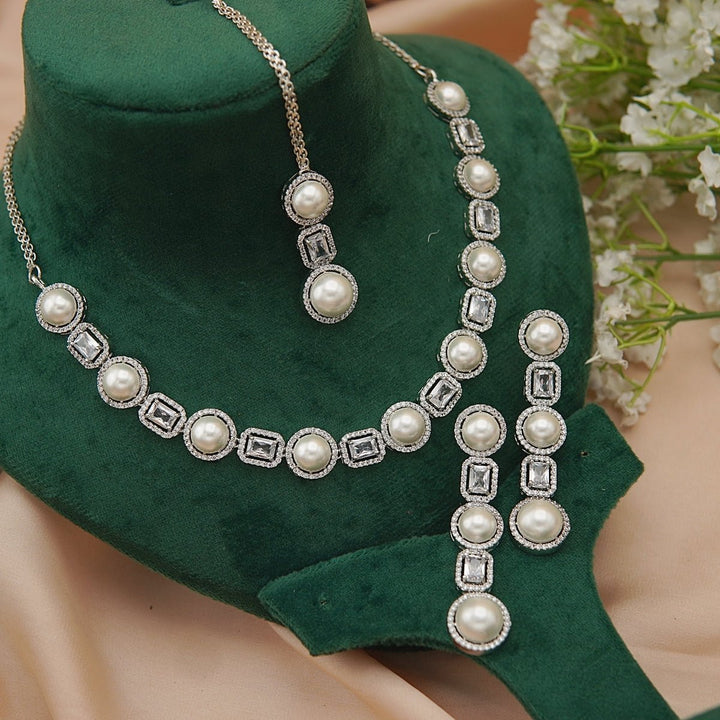 Pearl & Zirconia Diamond Necklace Set - RS ZEVARS