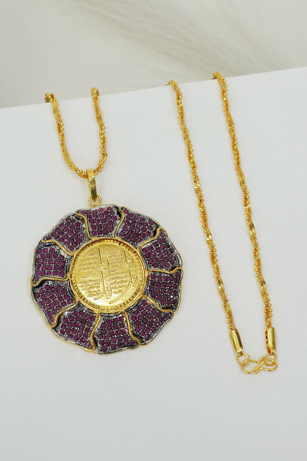 Gold Plated 4 Qul Calligraphy Zirconia Pendant