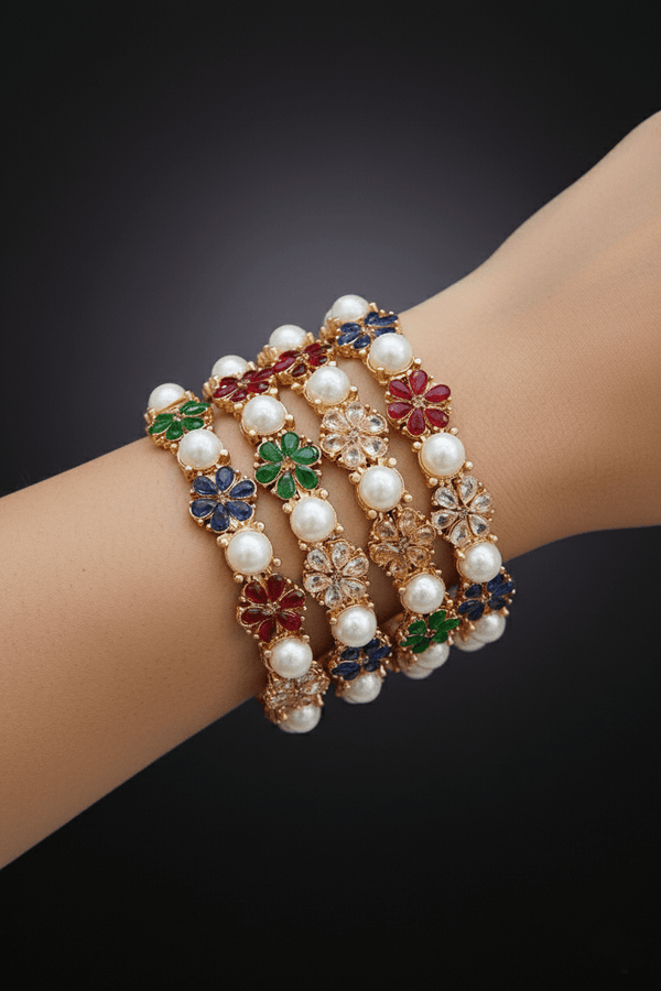 Floral Pearl 4 Pcs Bangles Set