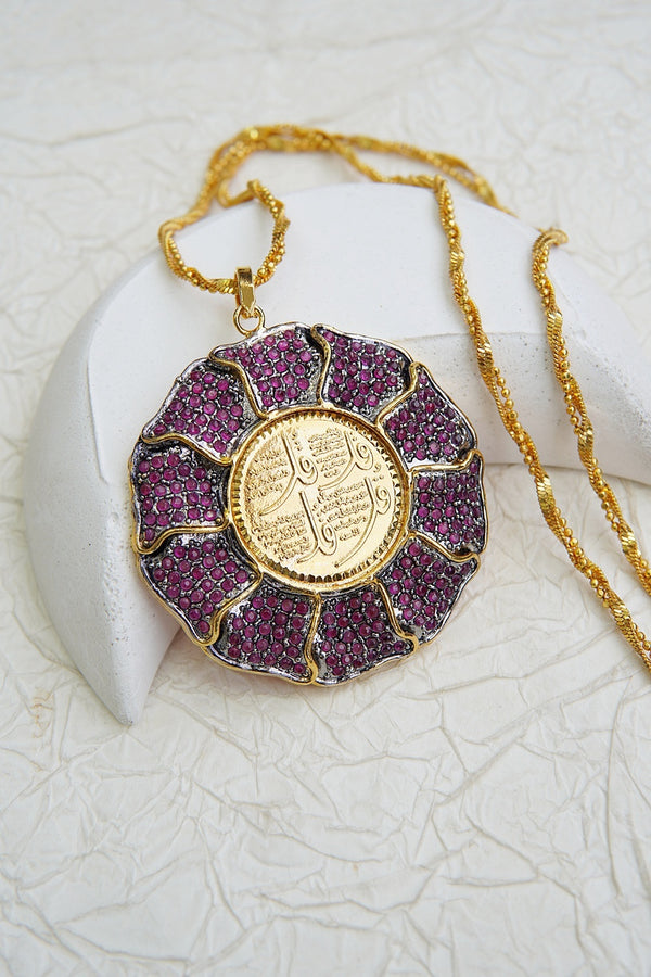 Gold Plated 4 Qul Calligraphy Zirconia Pendant