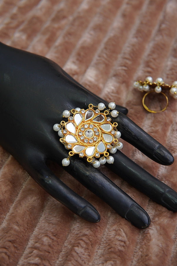 Sheesha Kundan Pearls Latkan Ring