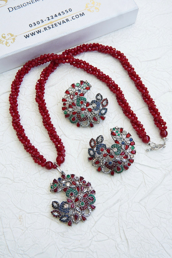 Cubic Zirconia Twisted Mala Pendant Set