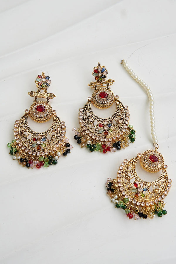 Floral Chandbali Style Earrings & Tikka