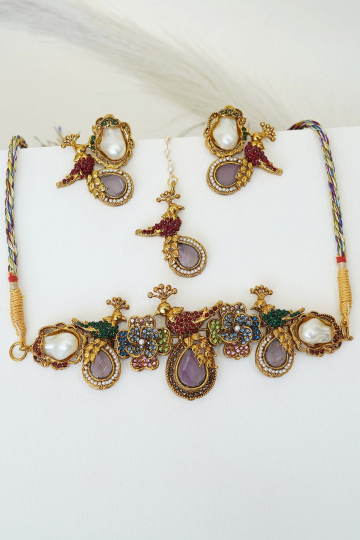 Antique Turkish Floral Peacock Necklace Set - RS ZEVARS