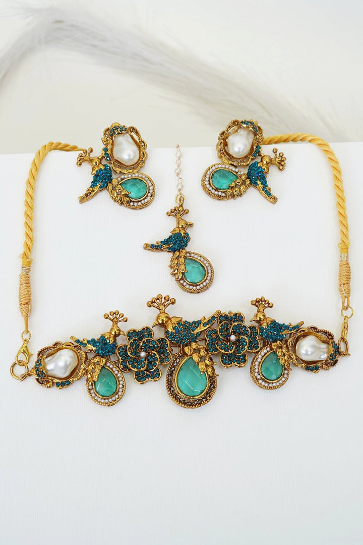 Antique Turkish Floral Peacock Necklace Set - RS ZEVARS