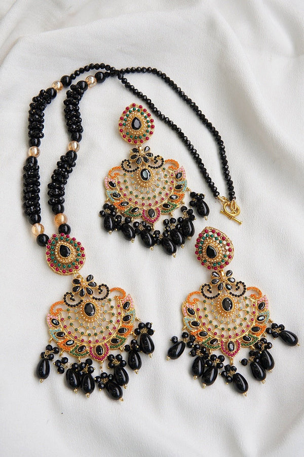 Black Navratan Long Pendant Mala Set - RS ZEVARS