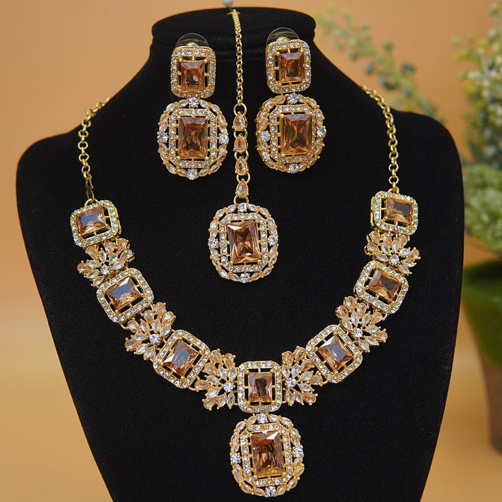 Cubic & Zirconia Golden Imperial Necklace Set - RS ZEVARS