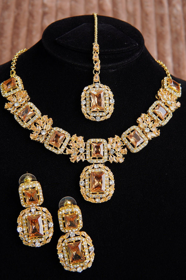 Cubic & Zirconia Golden Imperial Necklace Set - RS ZEVARS