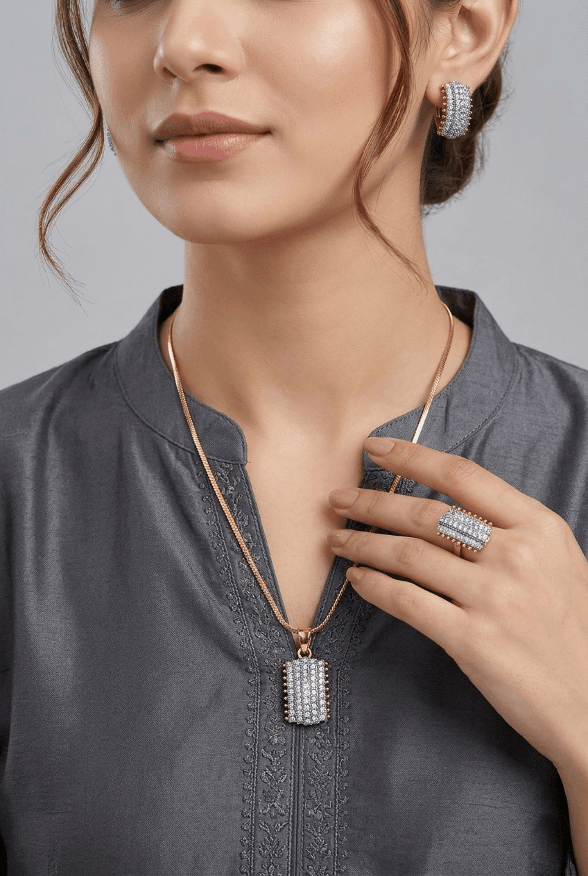 Cubic Zirconia AD Locket Set with Ring 4-Pcs | RS ZEVAR