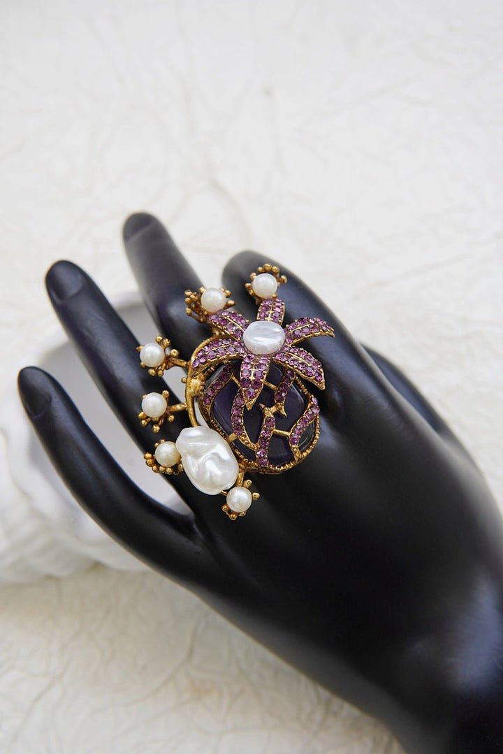 Designer Floral Gemstone Adjustable Ring - RS ZEVARS