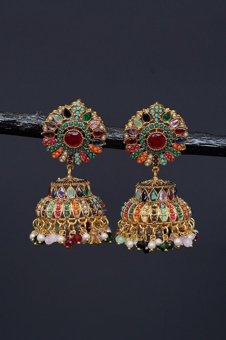 Ethnic Jhumkay with Sparkling Crystal Latkans - RS ZEVARS