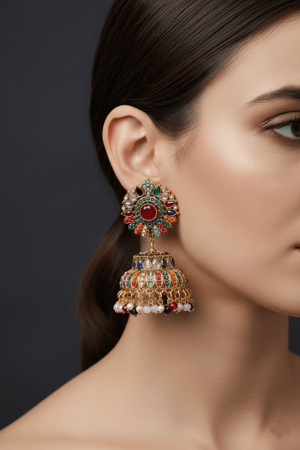 Ethnic Jhumkay with Sparkling Crystal Latkans - RS ZEVARS