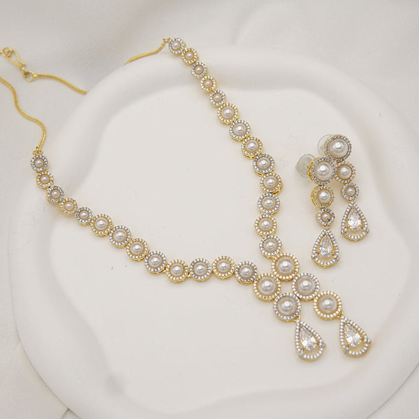 Glamour Zircon Pearl Necklace and Earring Set - RS ZEVARS