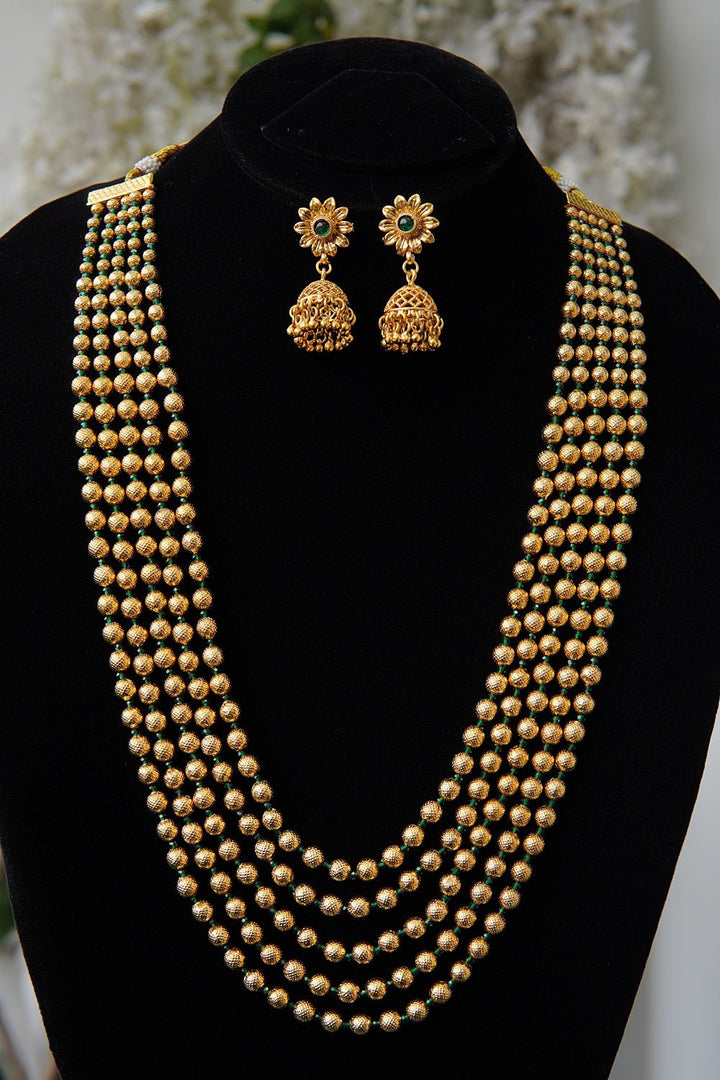 Backround Rajwadi Gold Plated Rajwadi 5 Layer Mala Set with Jhumkas | RS ZEVAR