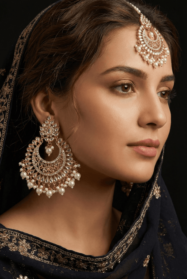 Handcrafted Kundan Chand Bali Earrings Tikka - RS ZEVARS