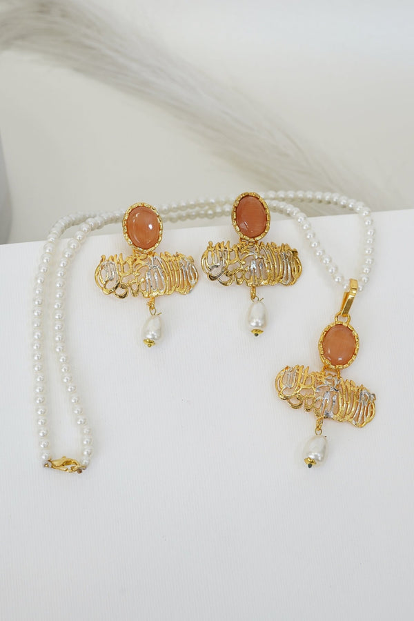 Islamic Calligraphy Kalma Pendant With Earrings - RS ZEVARS
