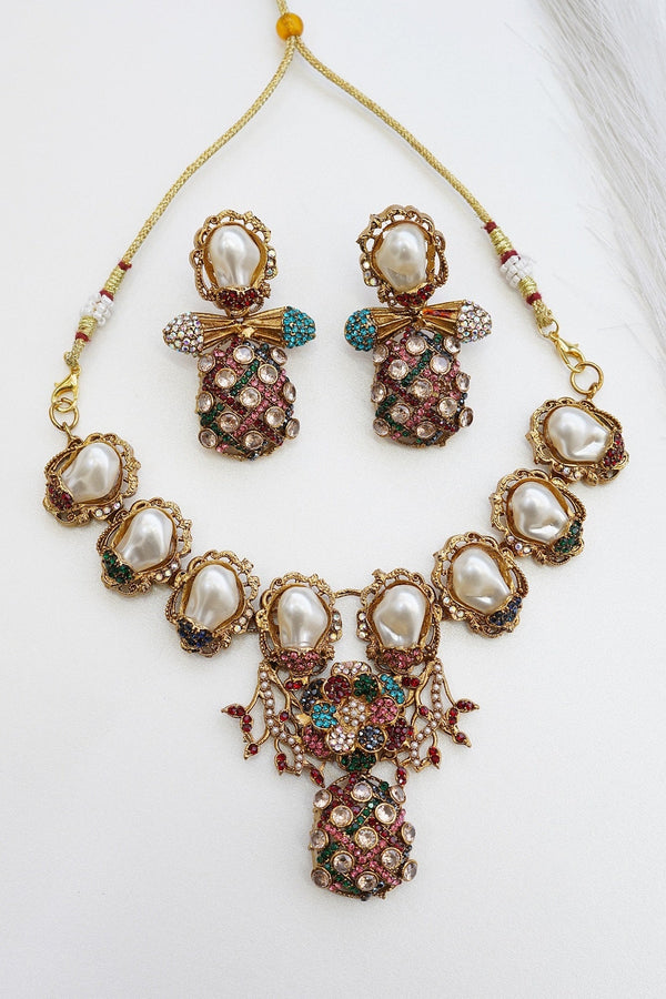 Luxury Turkish Mother of Pearl Antique Necklace Set - RS ZEVARS