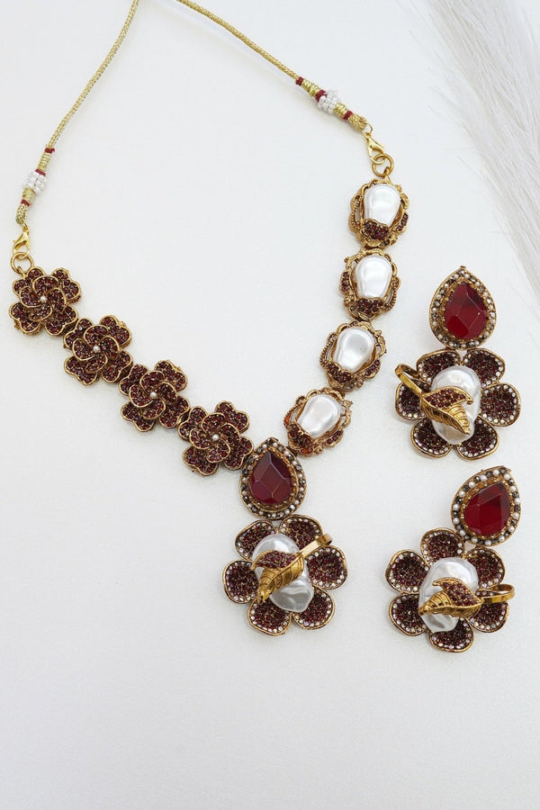 Majestic Turkish Mother Pearl & Gemstone Floral Necklace Set - RS ZEVARS