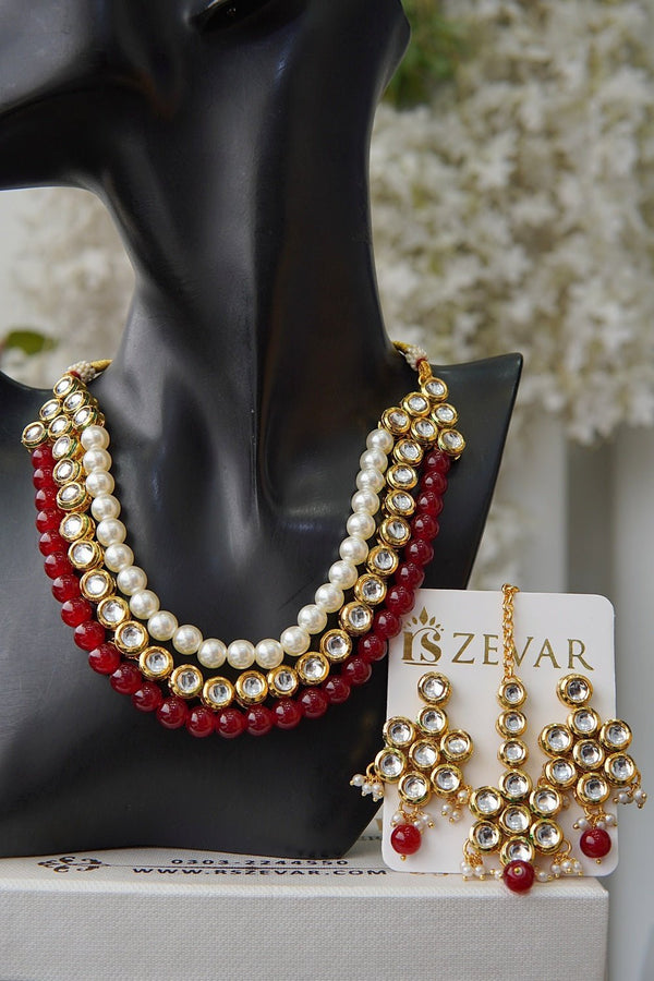 Mena Kundan Triple Line Necklace Set - RS ZEVARS