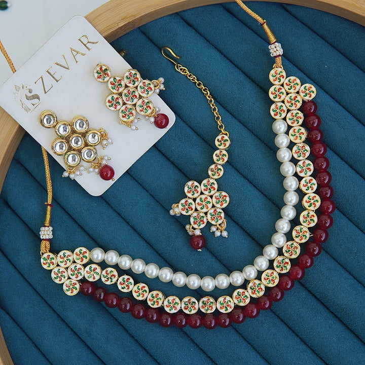 Mena Kundan Triple Line Necklace Set - RS ZEVARS