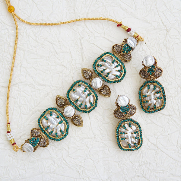 Mother Pearl Leaf Motif Artisan Necklace Set - RS ZEVARS