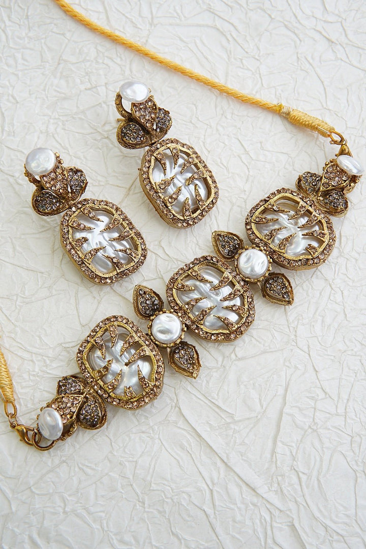 Mother Pearl Leaf Motif Artisan Necklace Set - RS ZEVARS
