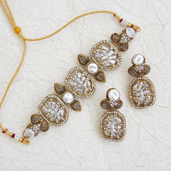 Mother Pearl Leaf Motif Artisan Necklace Set - RS ZEVARS