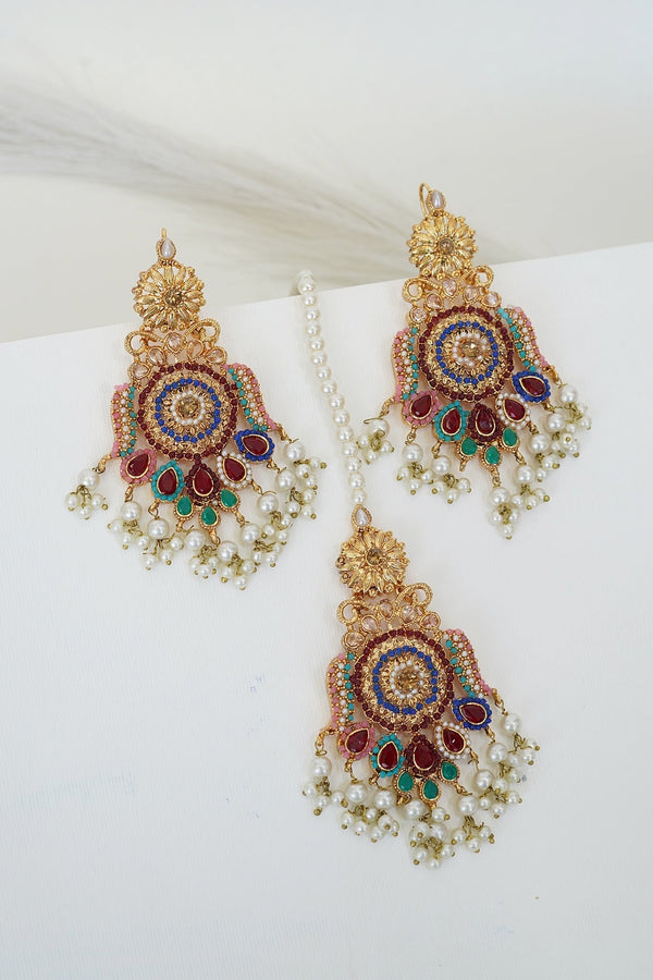 Navratan Antique Gold Earring Tikka - RS ZEVARS