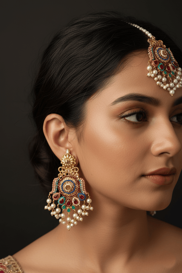 Navratan Antique Gold Earring Tikka - RS ZEVARS