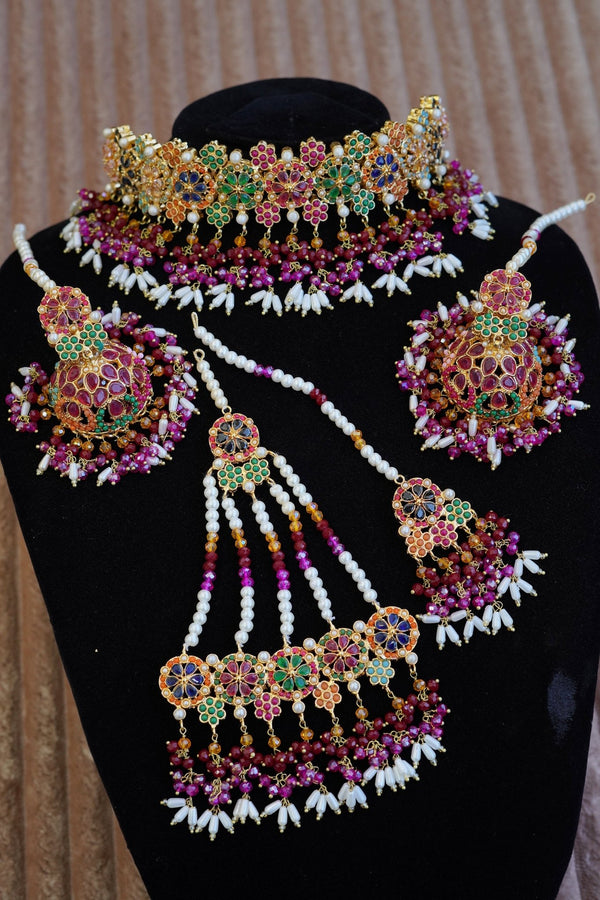 Navratan Traditional Guluband Jhumar Jhumkey Bindia Set - RS ZEVARS