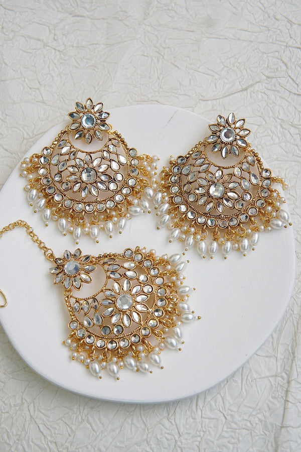 Pearl Drop Kundan Earring With Maang Tikka - RS ZEVARS