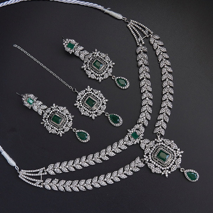 Silver Double Neckline Zirconia Necklace Set - RS ZEVARS