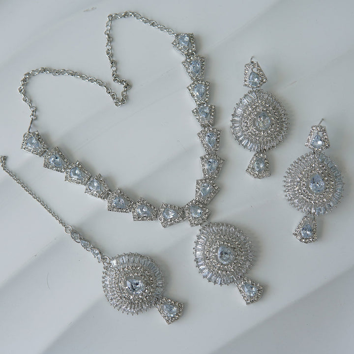 Silver Doubled Zirconia Necklace Set - RS ZEVARS