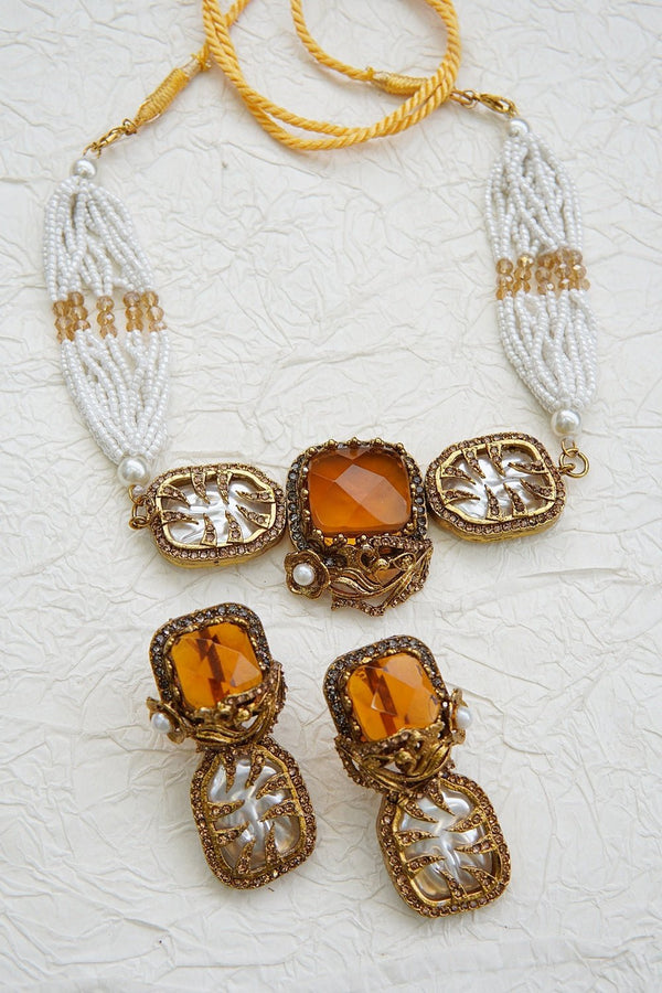 Turkish Gemstone & Pearl Chick Patti Choker Set - RS ZEVARS