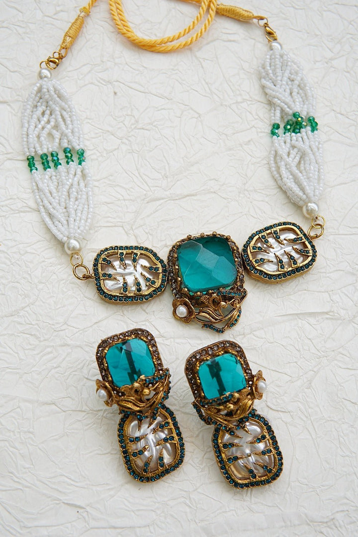Turkish Gemstone & Pearl Chick Patti Choker Set - RS ZEVARS