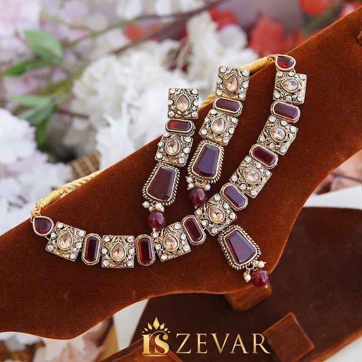 Antique Gemstones Necklace Guluband Set - RS ZEVARS