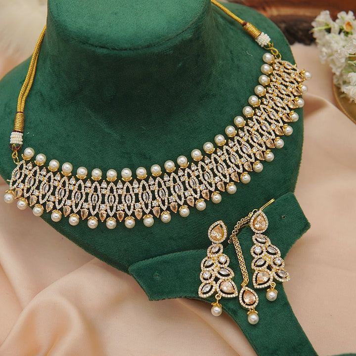Cubic Zirconia Pearls Elegant Choker Bridal Set - RS ZEVARS