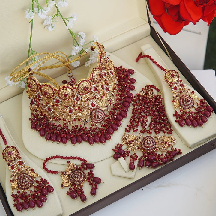 Glamorous Maroon Bridal Collar Set - RS ZEVARS