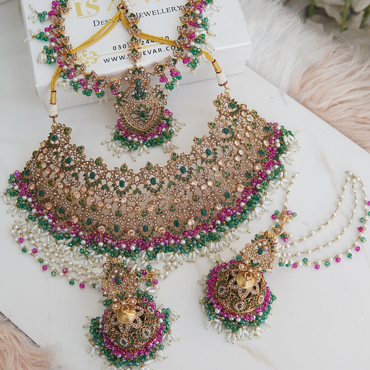 Luxurious Navratan Bridal Jhumka Matha Patti Guluband Set - RS ZEVARS