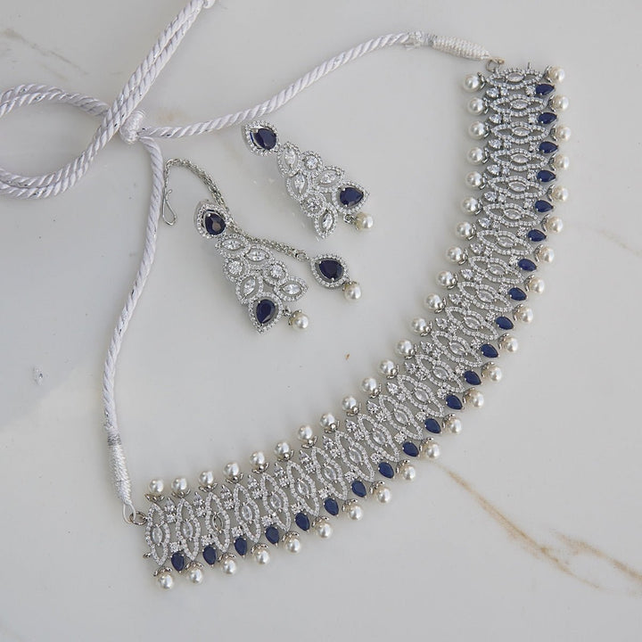 Silver Cubic Zirconia Pearls Elegant Choker Bridal Set - RS ZEVARS