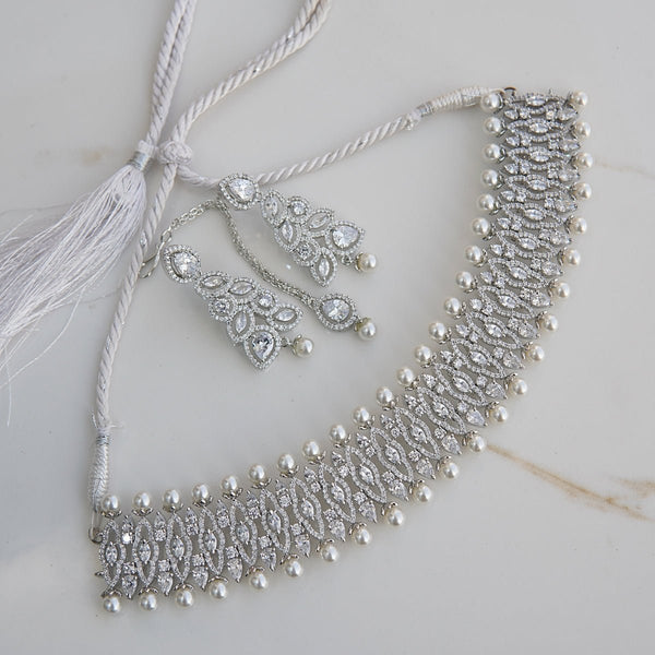 Silver Cubic Zirconia Pearls Elegant Choker Bridal Set - RS ZEVARS